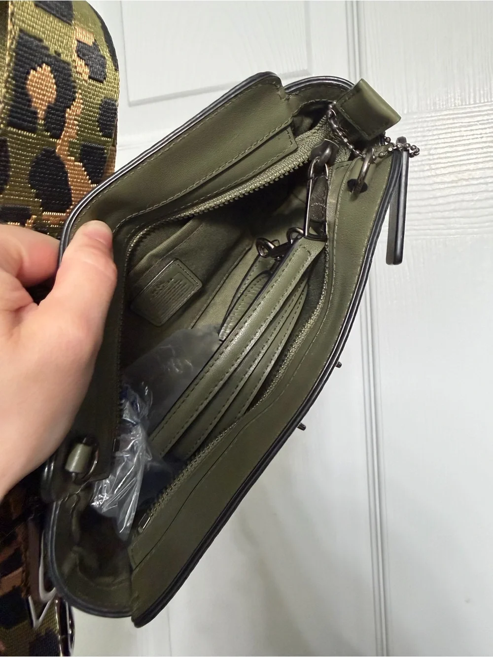 Coach Olive Green Pebbled Leather Crossbody with Leopard Print Strap